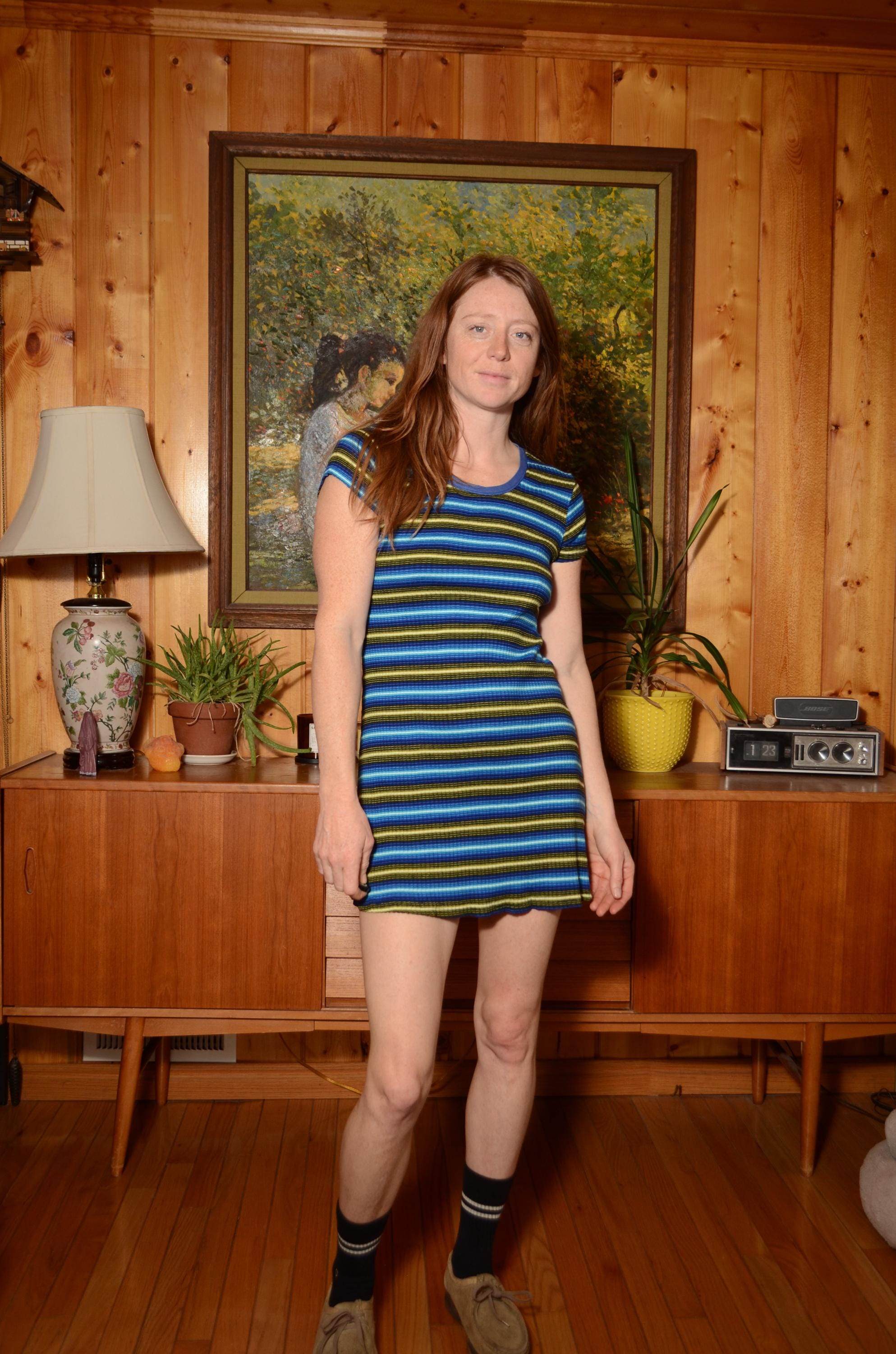 Y2k medium blue green striped mini shirt dress scoop neck Xhilaration cap sleeve neon millennium ribbed womens vintage clothing boho hipster