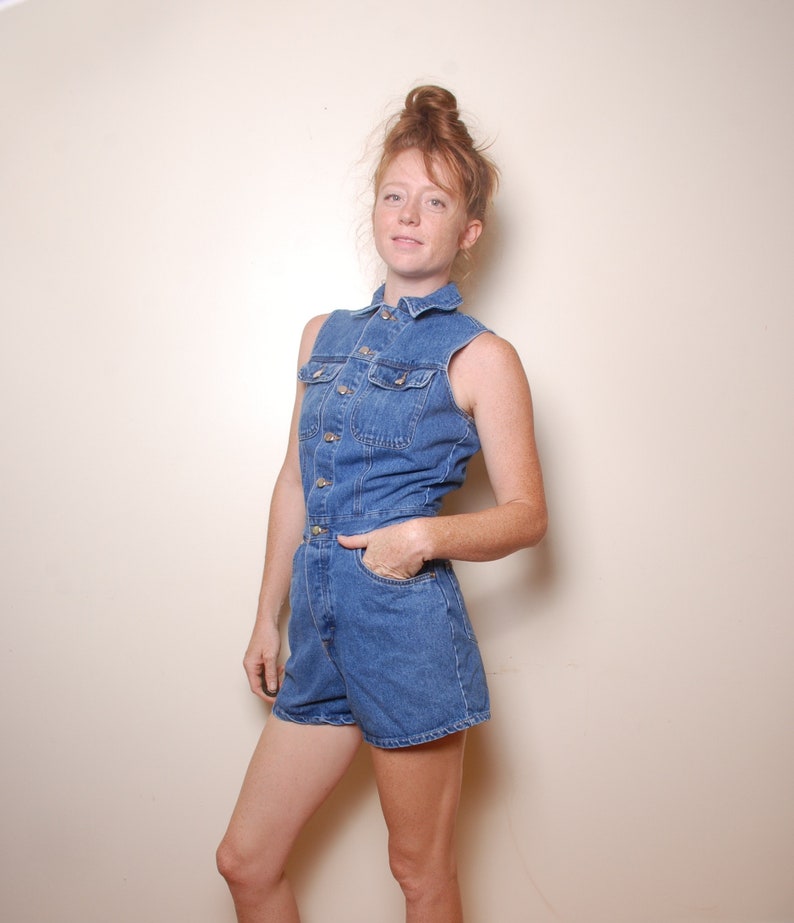 90s small medium denim romper size 6 short overalls collared top blue jean suit womens vintage clothing country western streetwear fun