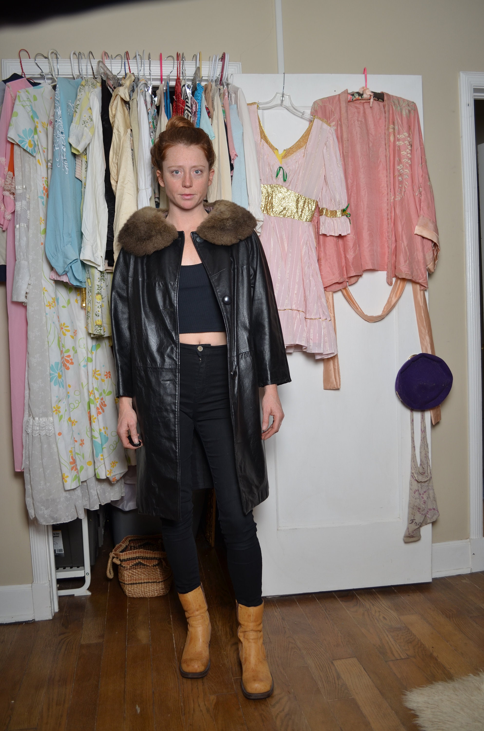 Vintage Small Leather Long Overcoat Fur Collar Button Down