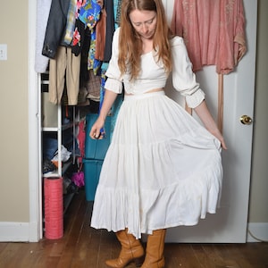 80s medium white triple tiered ivory dancing hippie long skirt boho wedding romantic etherial fairy festival full circle Gunne Sax India