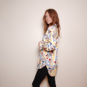 90s small novelty print button down oversized blouse womens vintage clothing Sailor ocean sea sailing Lizsport red yellow blue boating top