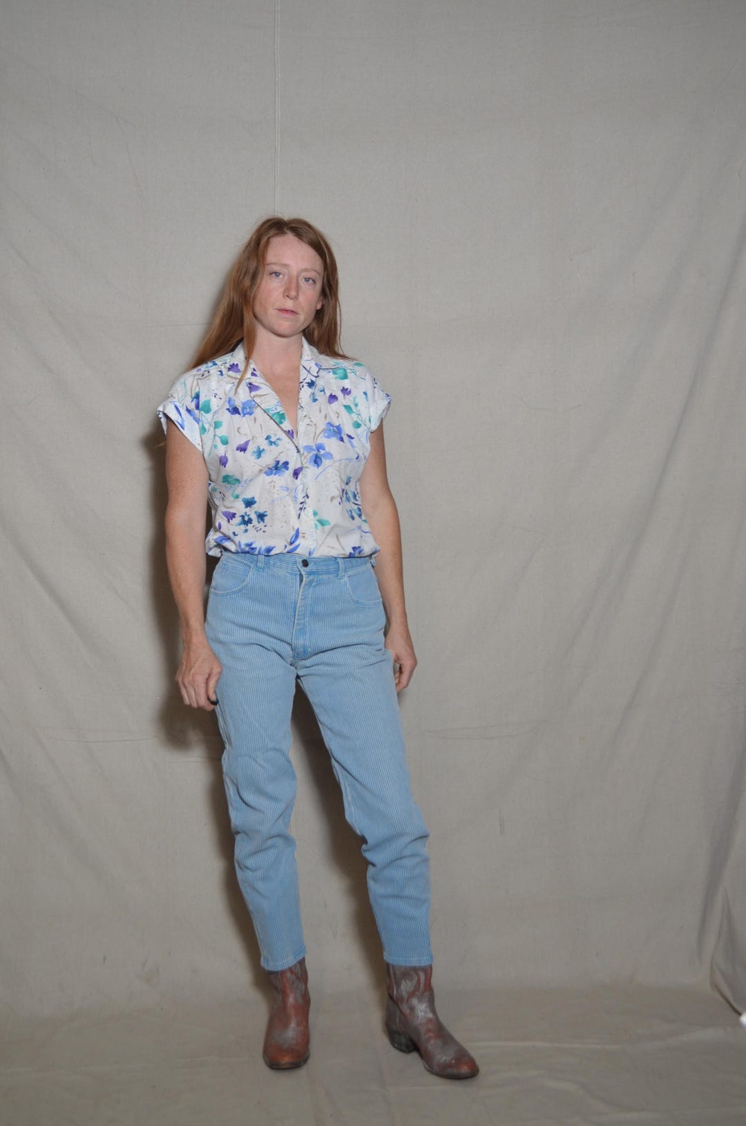 80s Medium Floral Button Down Abstract Blue Purple Caliche Cap Sleeve ...