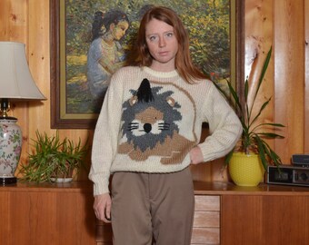 80s medium hand knit Midnight Blues lion novelty sweater thick yarn funny cute women men long sleeve pullover crew neck wild animal acrylic