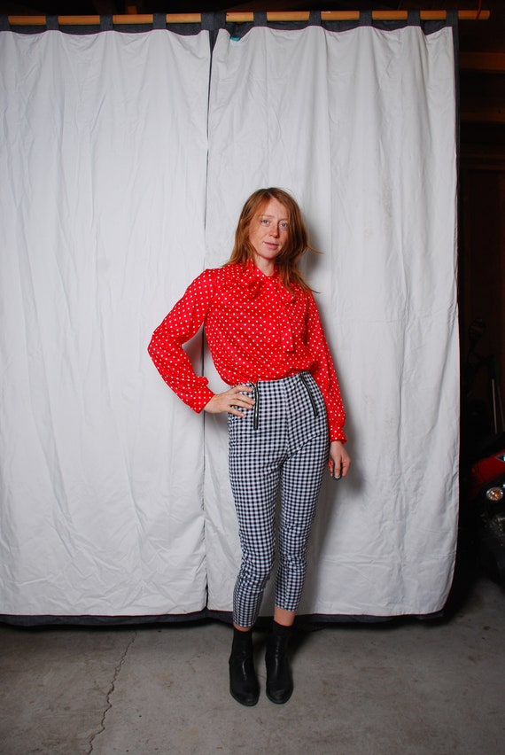 70s small red white polkadot blouse ascot neck tie