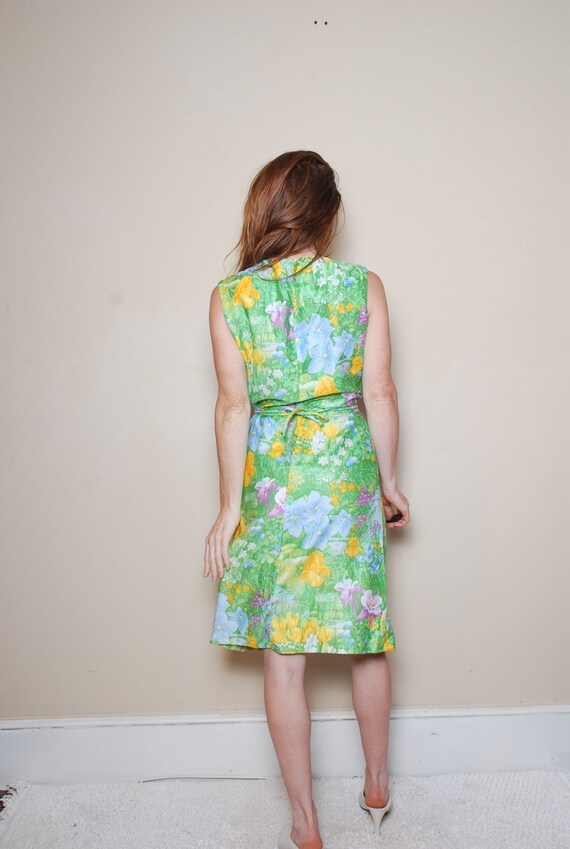 70s medium garden dress button down green floral … - image 6