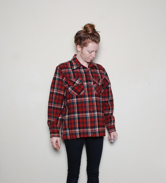 50s medium virgin wool plaid sport shirt long slee