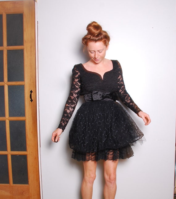 Black lace short dress long cheap sleeve