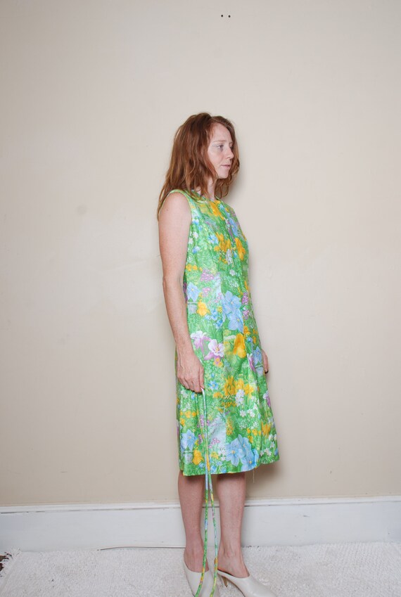 70s medium garden dress button down green floral … - image 7