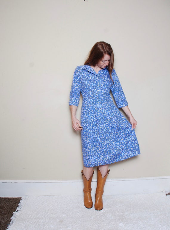 80s does 50s medium floral shirtdress blue rainbo… - image 5