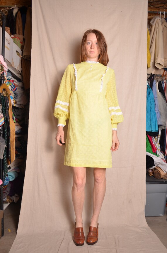 60s small yellow polkadot mini dress long sleeve … - image 3
