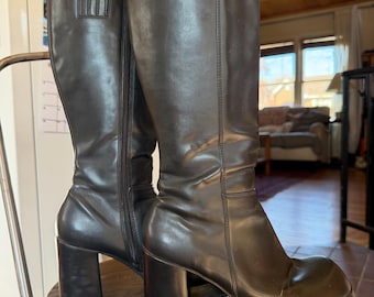 Y2k womens 9 M Destiny No Boundaries black platform high hell knee hight boot chunky heel punk rock round toe goth babe sexy casual boho hip
