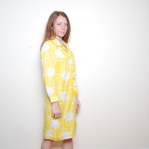 60s large yellow floral print shift dress womens long sleeve vintage clothing canary bright colors summer spring wedding boho festival hip