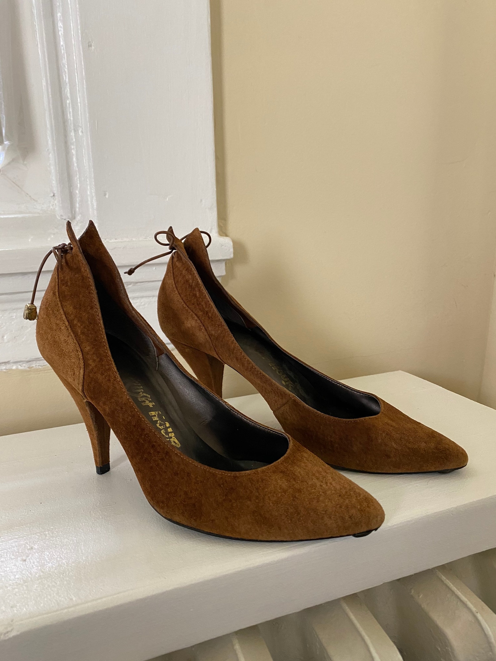 80s 7b brown suede pumps lace back pointed toe high heel work Etsy