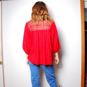 70s medium boho hippie blouse red netted embroidered puff sleeve loose fit pleated floral spring summer linen hippy festival shirt rose image 3