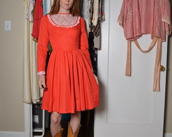 Vintage small red long sleeve full skirt dress lace collar costume square dancing honky tonk novelty babydoll circle ruffle neck cute boho