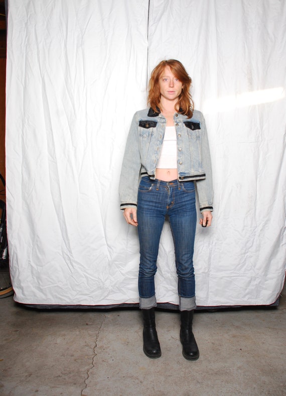 ジャケット・アウター 90s vintage Design denim jacket 90s Vintage Denim Jacket With Geometric Leather and Metallic