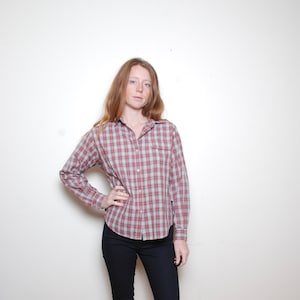 70s large red plaid button down blouse The Fox collection classic tartan womens vintage clothing puff sleeve button down top shirt causal