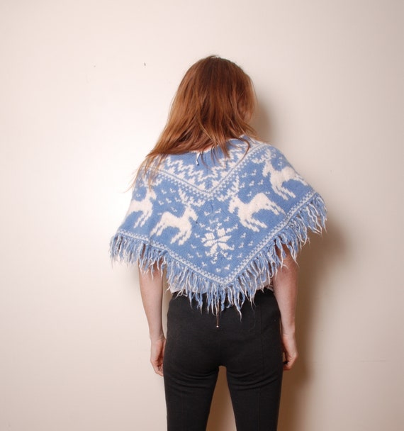 90s blue wool holiday poncho cape fringe reindeer… - image 2