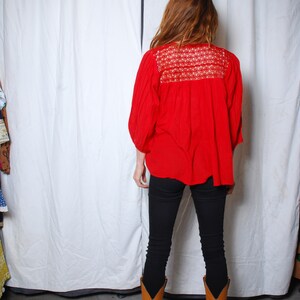 70s medium boho hippie blouse red netted embroidered puff sleeve loose fit pleated floral spring summer linen hippy festival shirt rose image 9