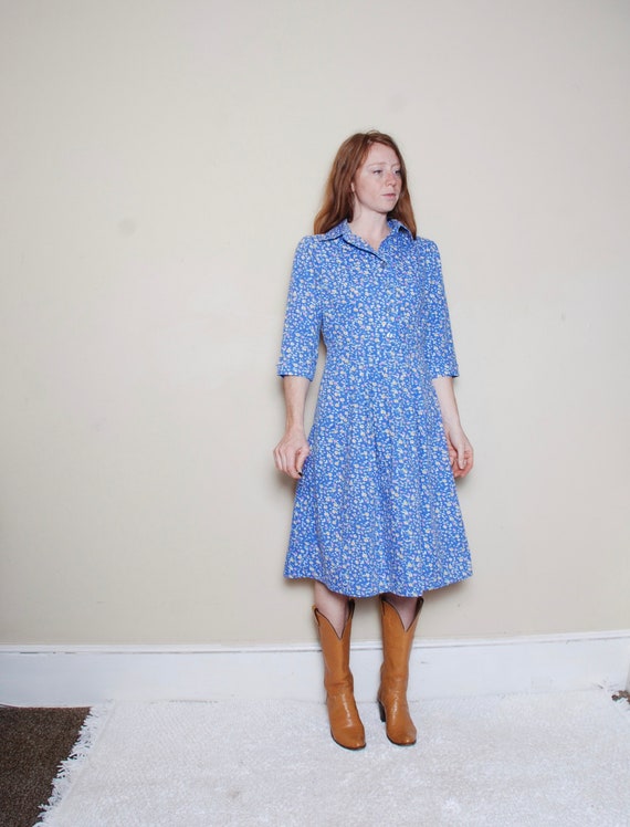 80s does 50s medium floral shirtdress blue rainbo… - image 4