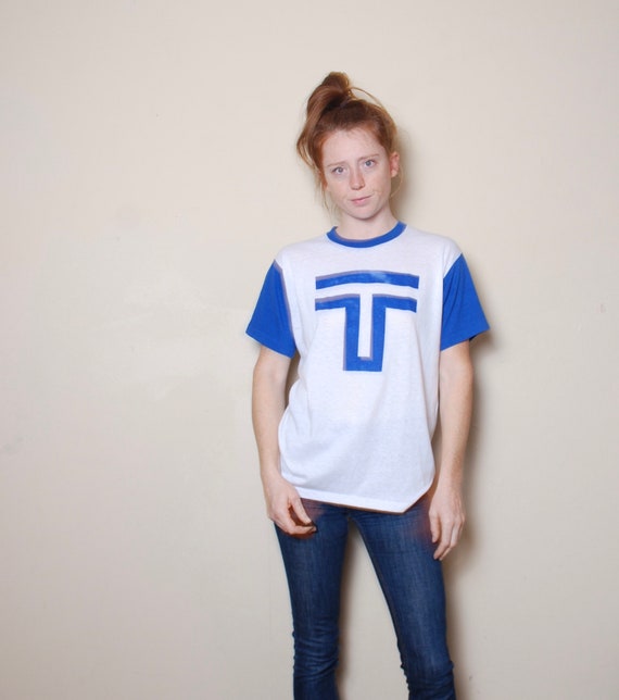 70s medium blue white T ringer tee large paper th… - image 1