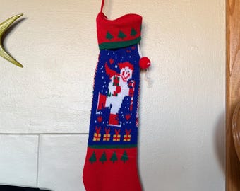 Vintage Christmas stocking red green hearts holiday gifts knit sock Santa Claus December party decoration white tassel winter family snow