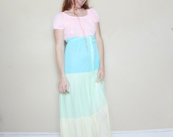 70s medium pastel maxi dress slip puff sleeve boho vintage prairie made in California nightgown party dress pink green easter wedding