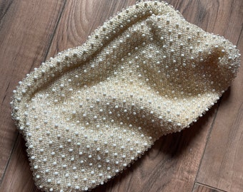 Vintage 50s Corde Bead clutch off white bridal event party purse small handbag clear seed bead womens retro accessories pretty elegant small