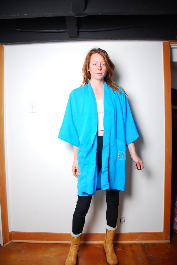 70s medium blue kimono robe embroidered lingerie … - image 3