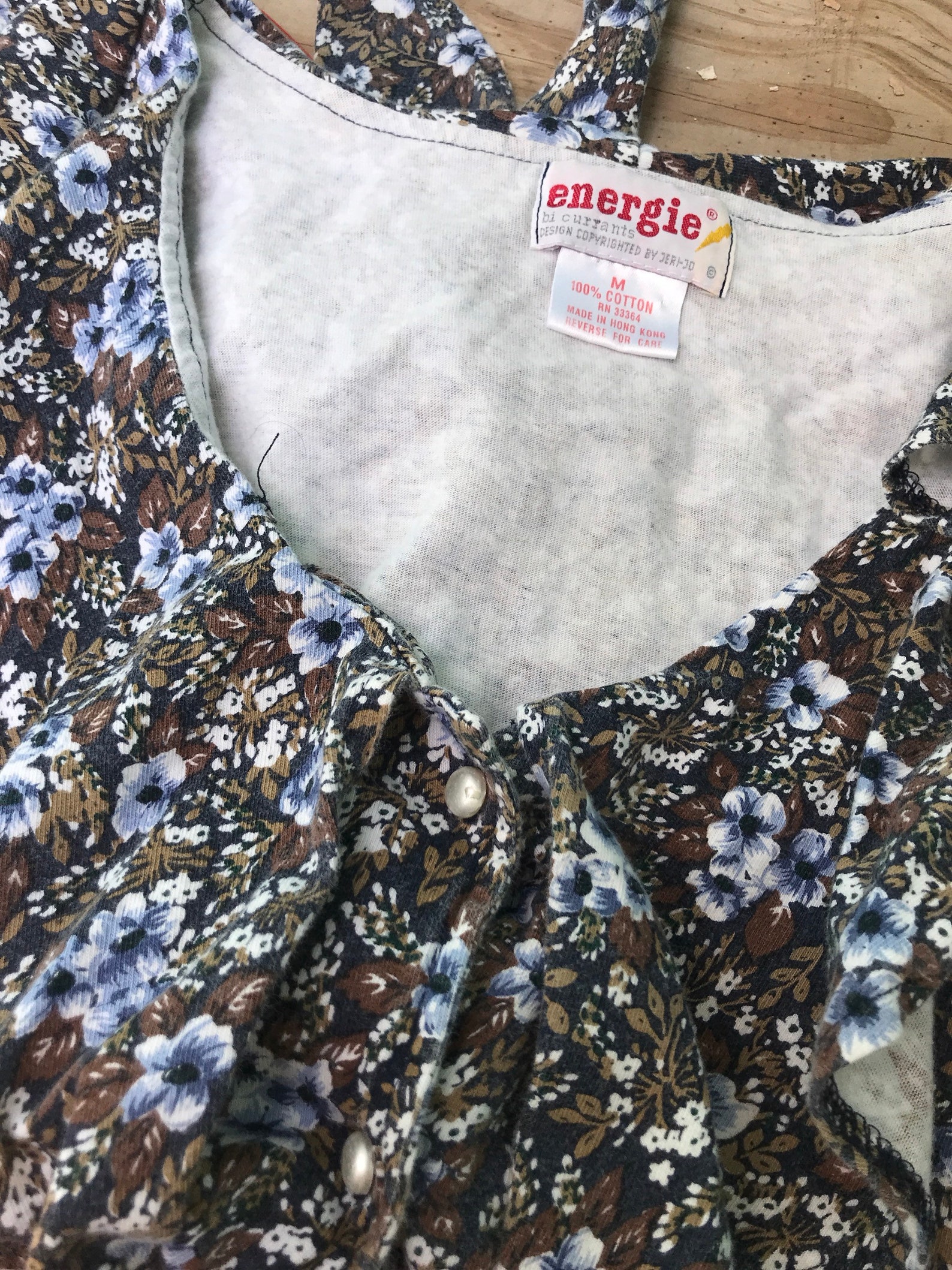 90s medium foral crop top waist tie button flower blue brown | Etsy