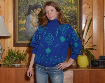 80s large blue turtleneck oversized sweater green aqua abstract Maser Italian made winter women thick knit cozy ski top retro glam boho hip