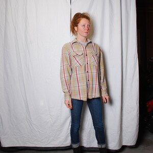 70s Dee Cee medium plaid button down thick wool knit USA mens vintage clothing shirt brown red camping hiking skiing base layer grunge hip image 3