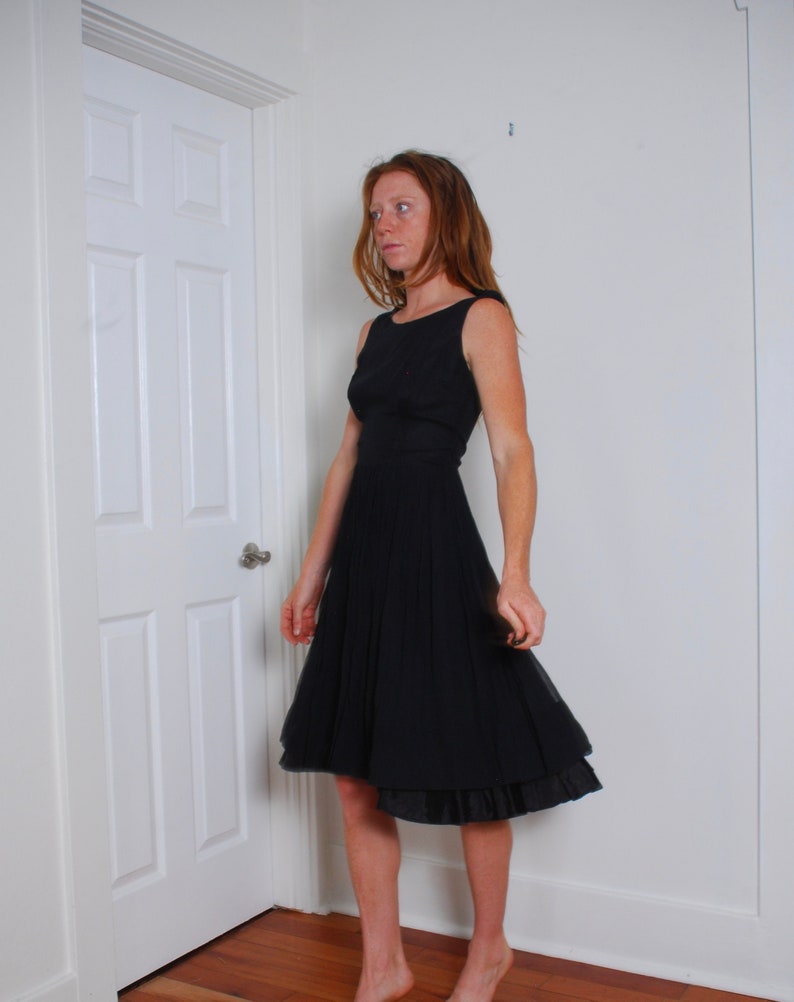 60s small black party dress sleeveless caplet full skirt fitted bodice shirtwaist womens event wedding gown knee length ILGWU chiffon boho image 1