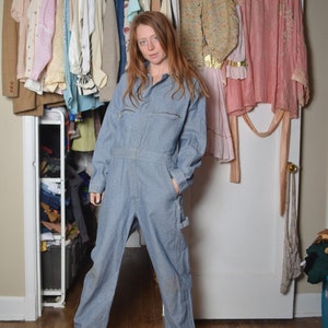 Vintage 38 short Key herringbone blue denim coveralls 70s unisex mechanic boiler suit work wear old school mechanic zip down jean overalls