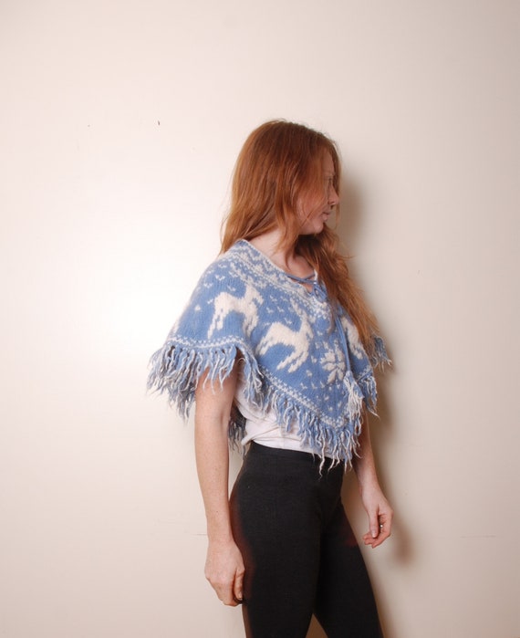 90s blue wool holiday poncho cape fringe reindeer… - image 4