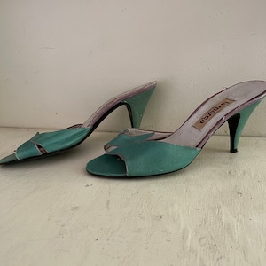 70s La Marca 37 B Italian leather mules distressed women&#39;s vintage shoes sandal dress aqua green pink  art deco kitten heel 80s retro pin up