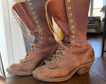 Vintage womens 9 mens 7.5 lineman boots built right soles cowboy western rancher leather tall lace up round toe unisex work boot boho hippie