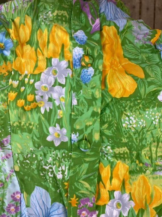 70s medium garden dress button down green floral … - image 9