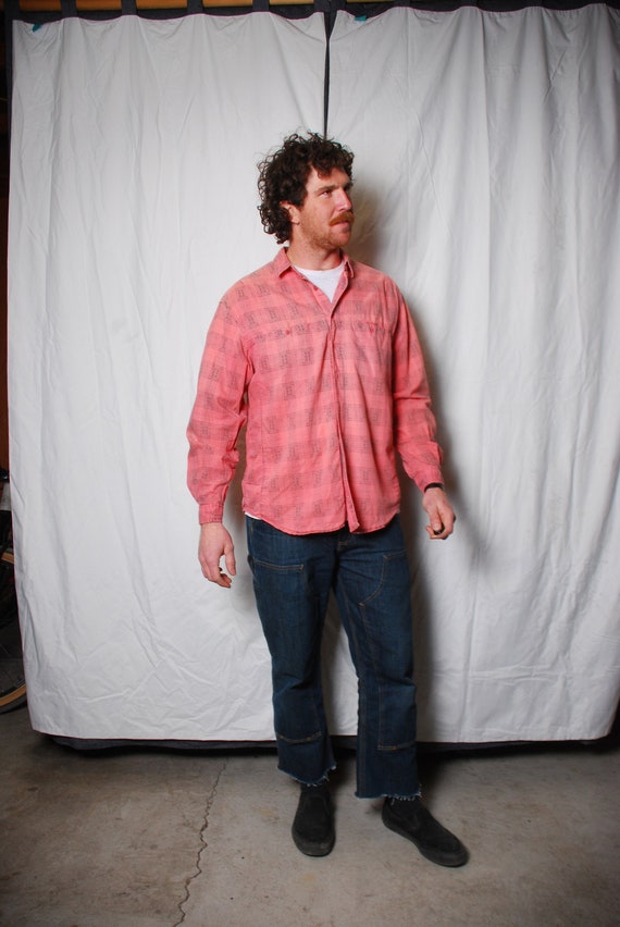 80s large red pink plaid faded long sleeve mens bu