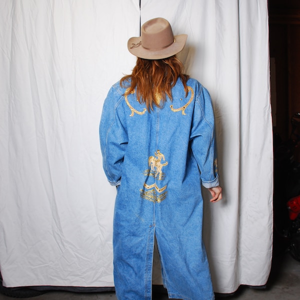 80s grande denim duster cowgirl trench coat western horse rodeo queen long shoulder pads blue gold brown glitter embellecido boho hipster