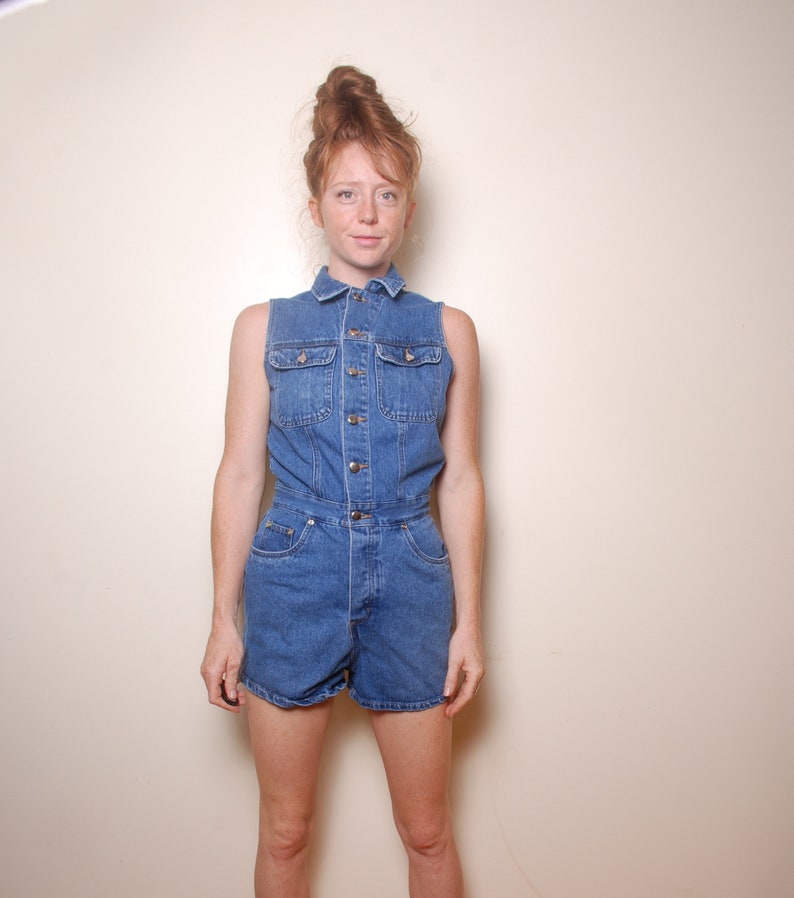 90s small medium denim romper size 6 short overalls collared top blue jean suit womens vintage clothing country western streetwear fun