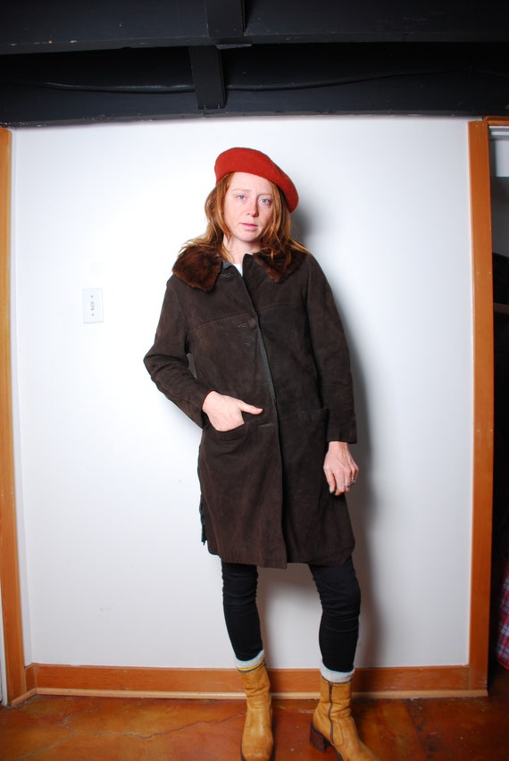 60s medium brown suede jacket fur collar mink lon… - image 1