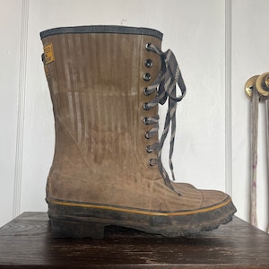 80s mens 7 rubber work boots steel shank waterproof wellies brown green lace up round toe high rise unisex vintage shoes fisherman rancher
