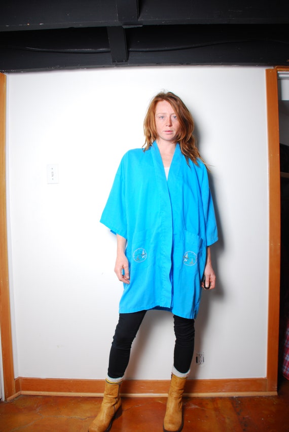 70s medium blue kimono robe embroidered lingerie h