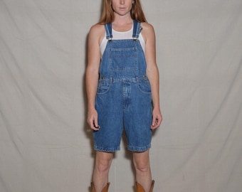90s small dark blue jean overalls shorts Essentials dark wash adjustable farmer country work wear women mens unisex classic indigo oversized