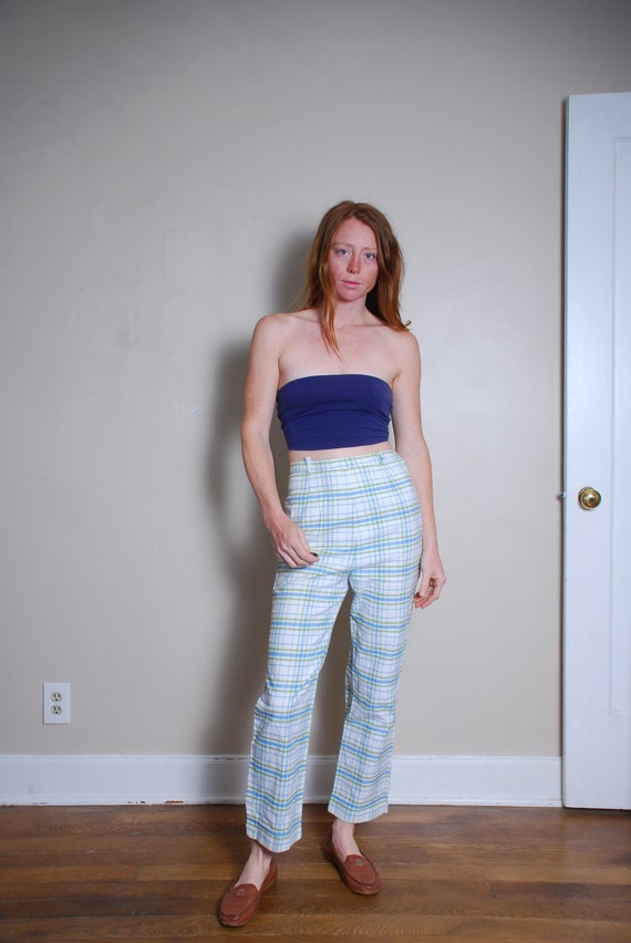 パンツ 50s Summer Wool 1Tuck Plaid Slacks 50s 27 X 26 Plaid Pants Blue Summer Cotton Knit Pedal Pushers