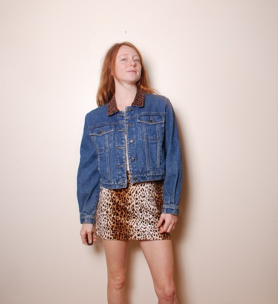 90s Small Medium Denim Blue Jean Jacket Leopard Collar Detail - Etsy