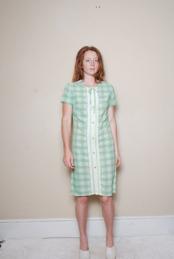 60s small green plaid short sleeve shift dress wo… - image 2