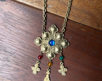 Vintage long chain necklace gold cross emblem rainbow jewels dangle holy cross novelty costume dress up boho hippie festival royal edwardian