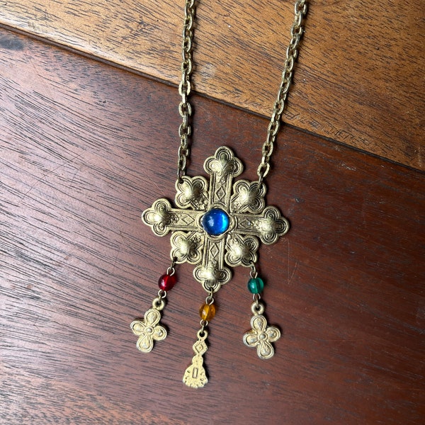 Vintage long chain necklace gold cross emblem rainbow jewels dangle holy cross novelty costume dress up boho hippie festival royal edwardian